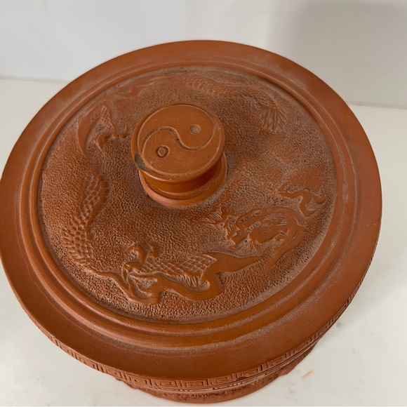 Japanese Tokoname Redware Flying Dragon in Cloud Covered Pot Jar 5 1/2" - Picture 2 of 14